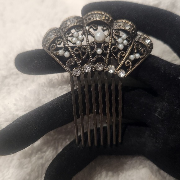 Vintage Style Filigree Hair Comb Antique Bronze Faux Pearl Rhinestone Art Deco - Picture 2 of 13